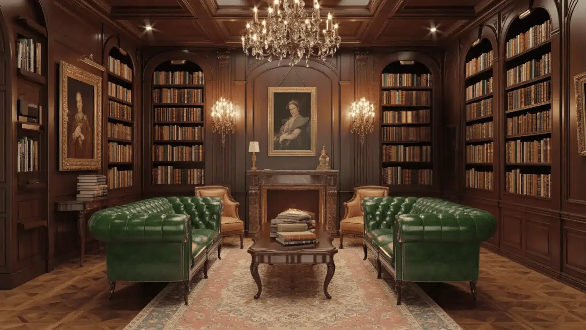 Dark academia library corner with green sofas, bookshelves, chandelier, and fireplace glow