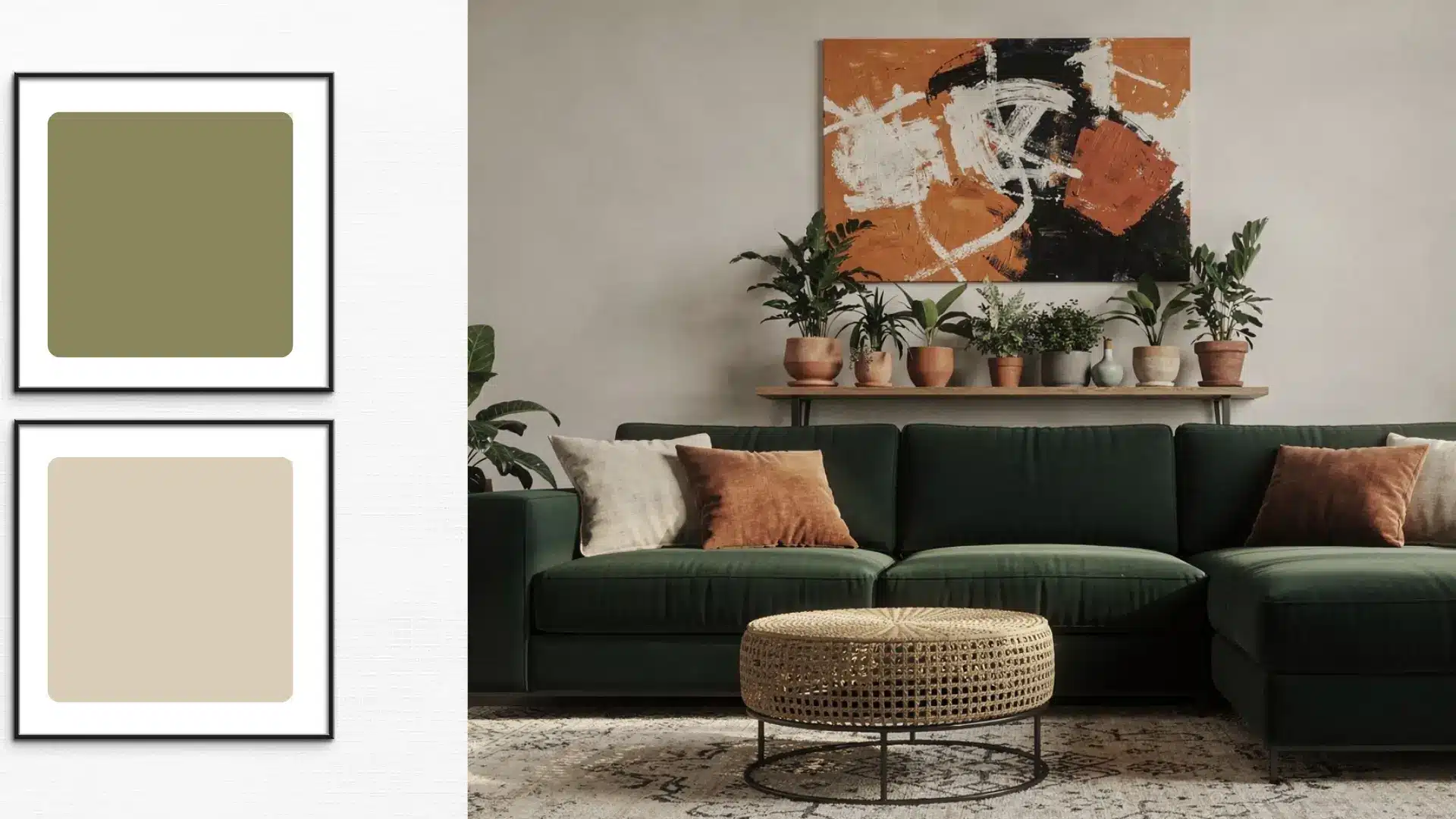 Dark green sofa with rust pillows a woven coffee table potted plants an abstract painting and two green color swatches
