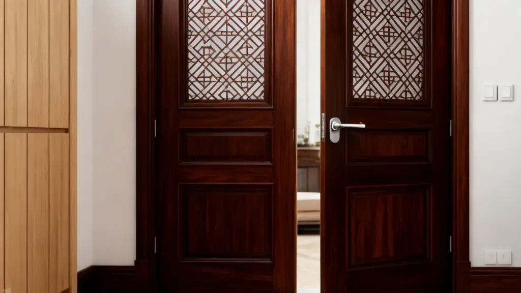 Dark wood double doors with lattice glass panels sit slightly open on a marble floor showing a bright room in the back showing how wide is a standard door should be