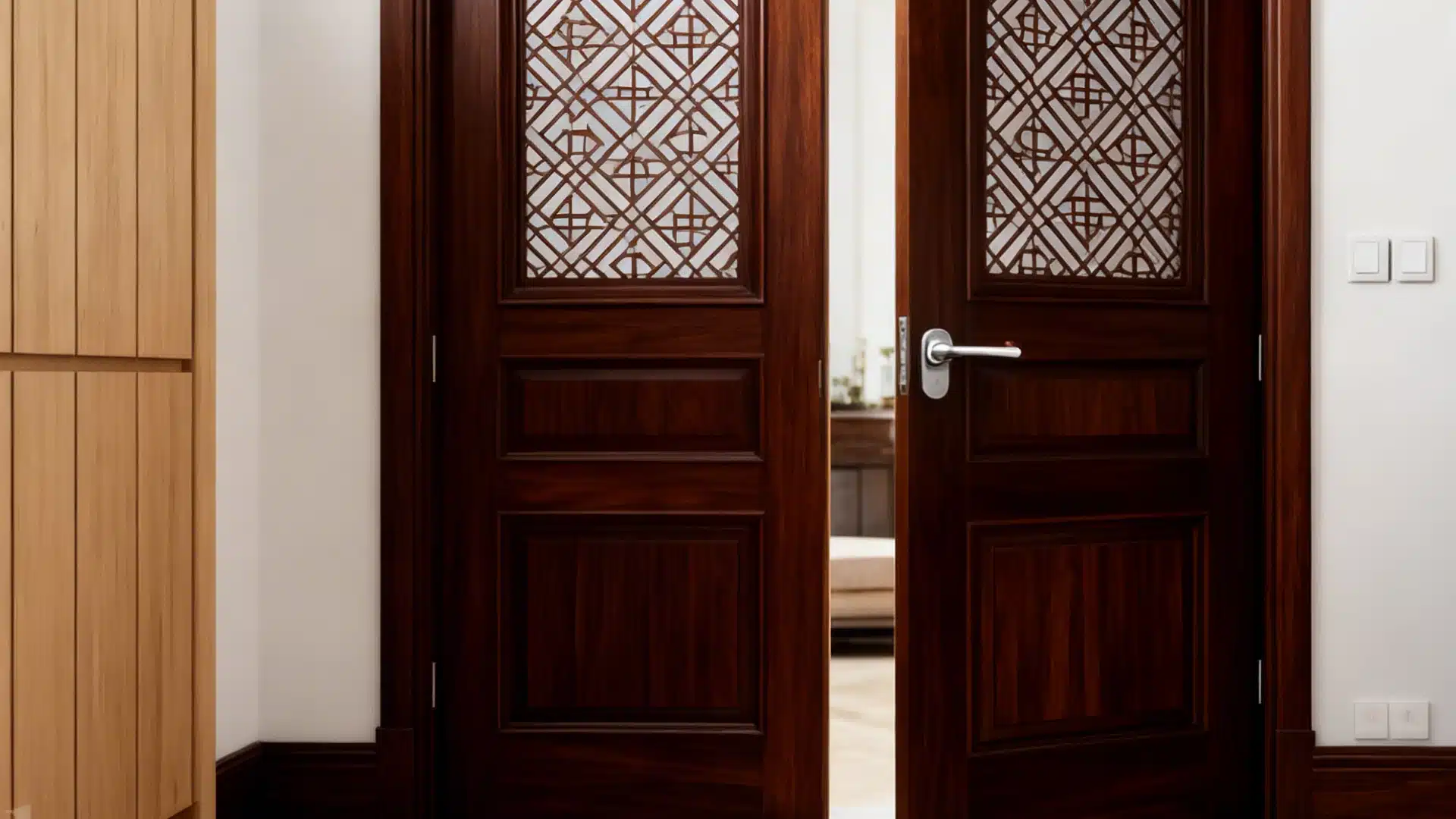 Dark wood double doors with lattice glass panels sit slightly open on a marble floor showing a bright room in the back showing how wide is a standard door should be