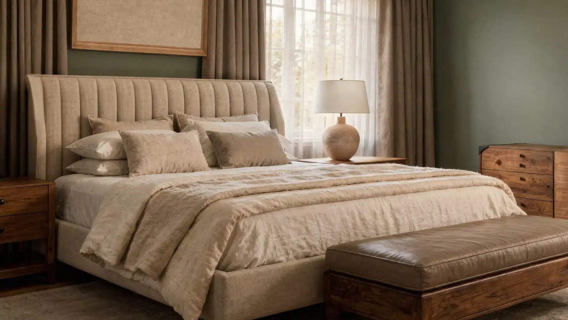 Earth toned bedroom with channel tufted headboard beige bedding wooden nightstands lamps leather bench and green walls