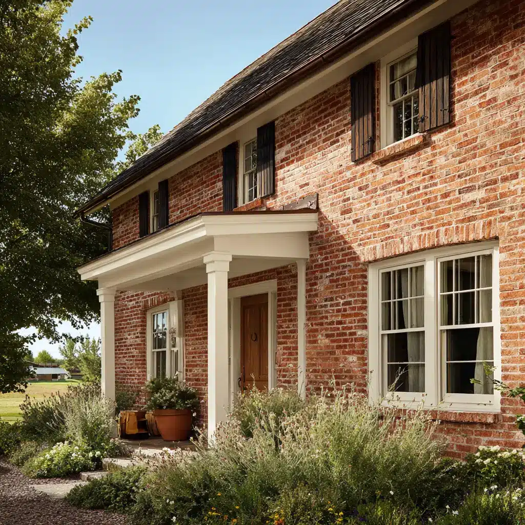 Farmhouse-style brick exterior with a warm terracotta limewash finish, semi-transparent layers revealing natural brick texture and mortar lines