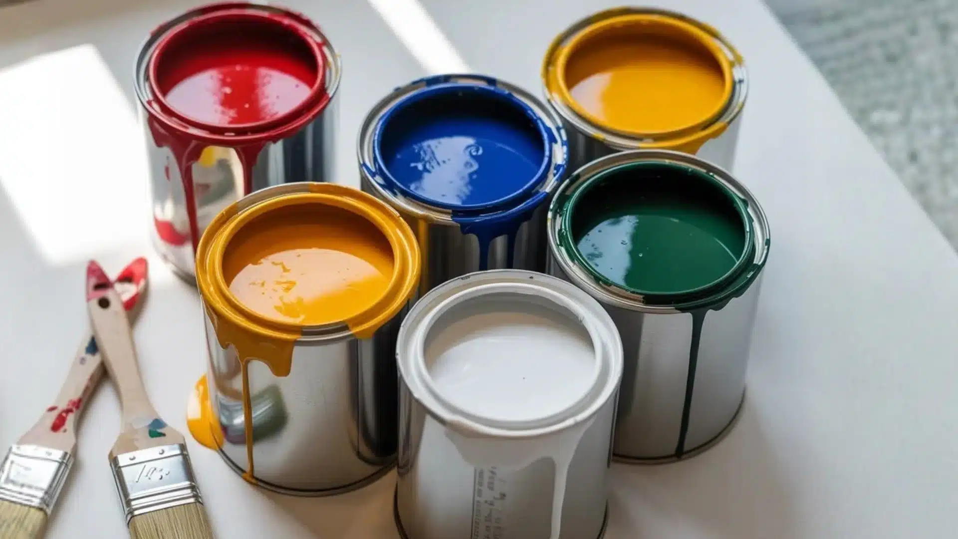 Five open cans of red, blue, yellow, green, and white paint are arranged next to two paintbrushes on a light surface