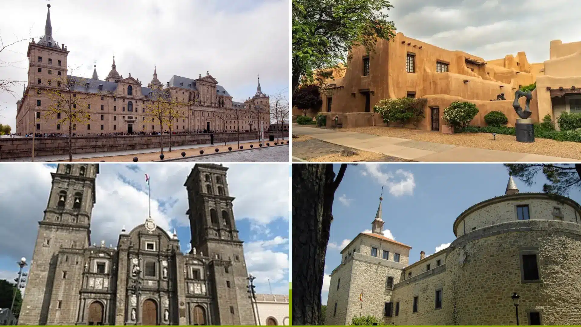 Four photos show a grand gray palace a tan adobe building a tall twin tower church and a stone castle under a blue sky
