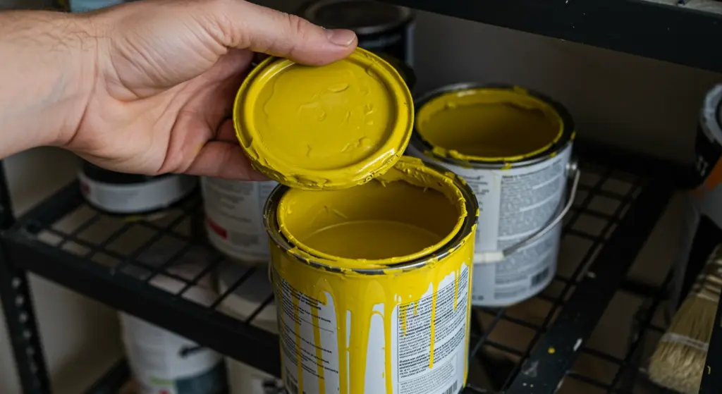 Hand opening a dripping can of bright yellow paint stored on a black wire shelving unit among other cans