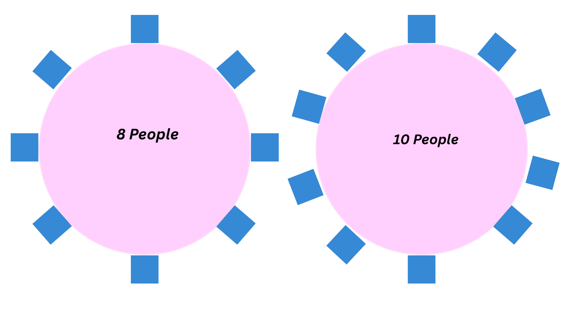 Illustration of two round table with feet-like blue rectangles represent seating arrangements. Left circle for 8 people, right for 10 people