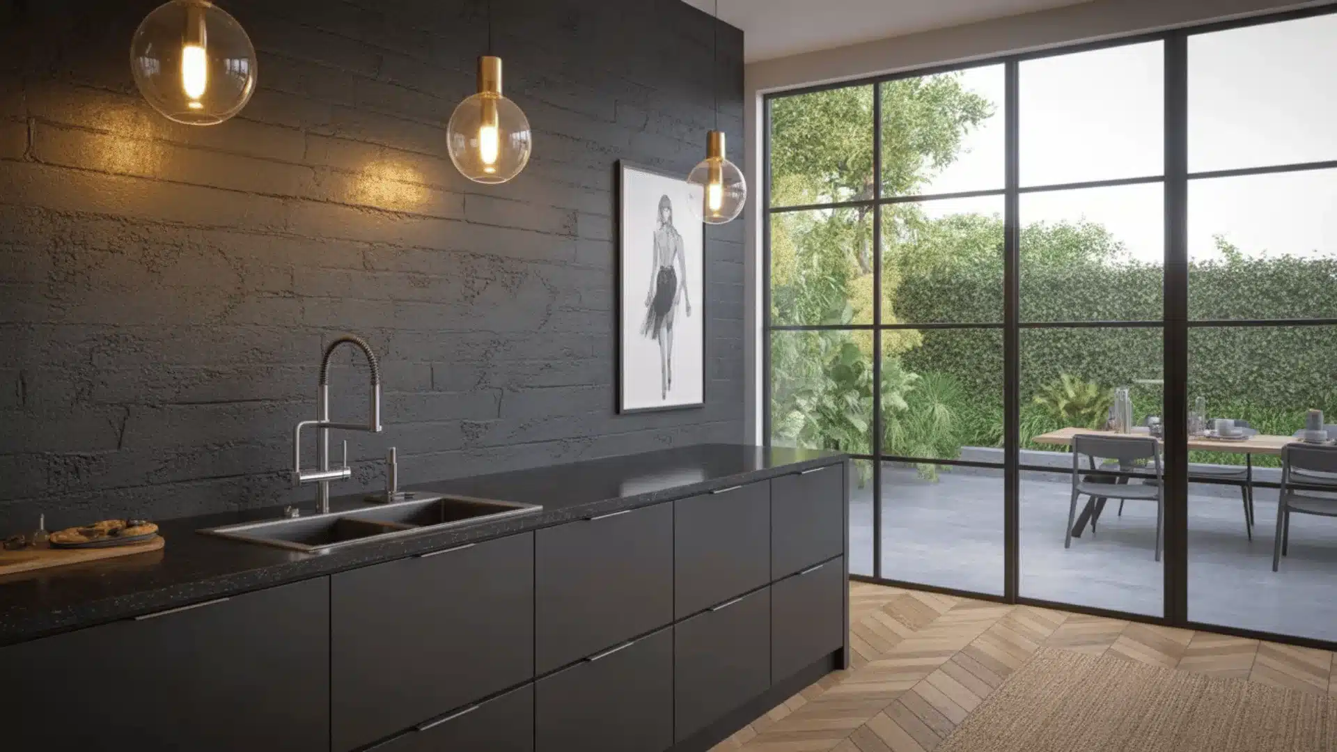 Industrial kitchen corner with black cabinets, brick wall, pendant lights, and large window view