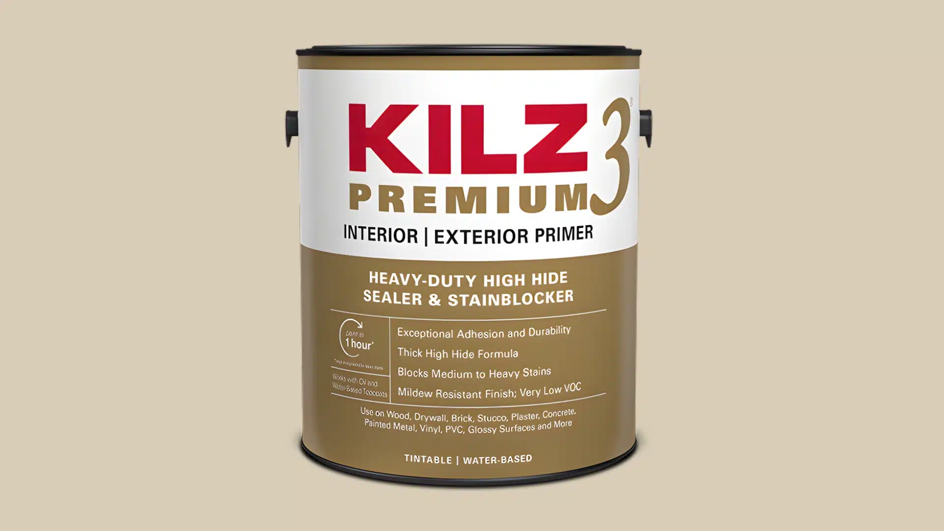 KILZ Premium interior latex paint can, featuring a white label and blue accents, displayed against a neutral background