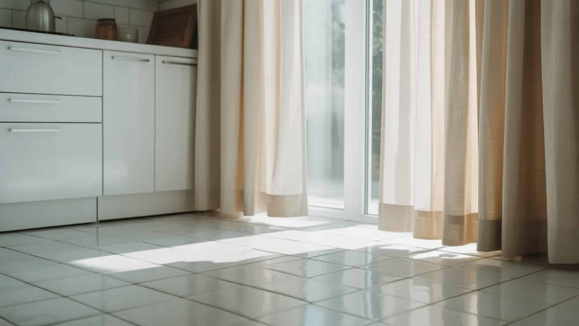 Light beige kitchen curtains hanging slightly above tiled floor with sunlight streaming through a glass door