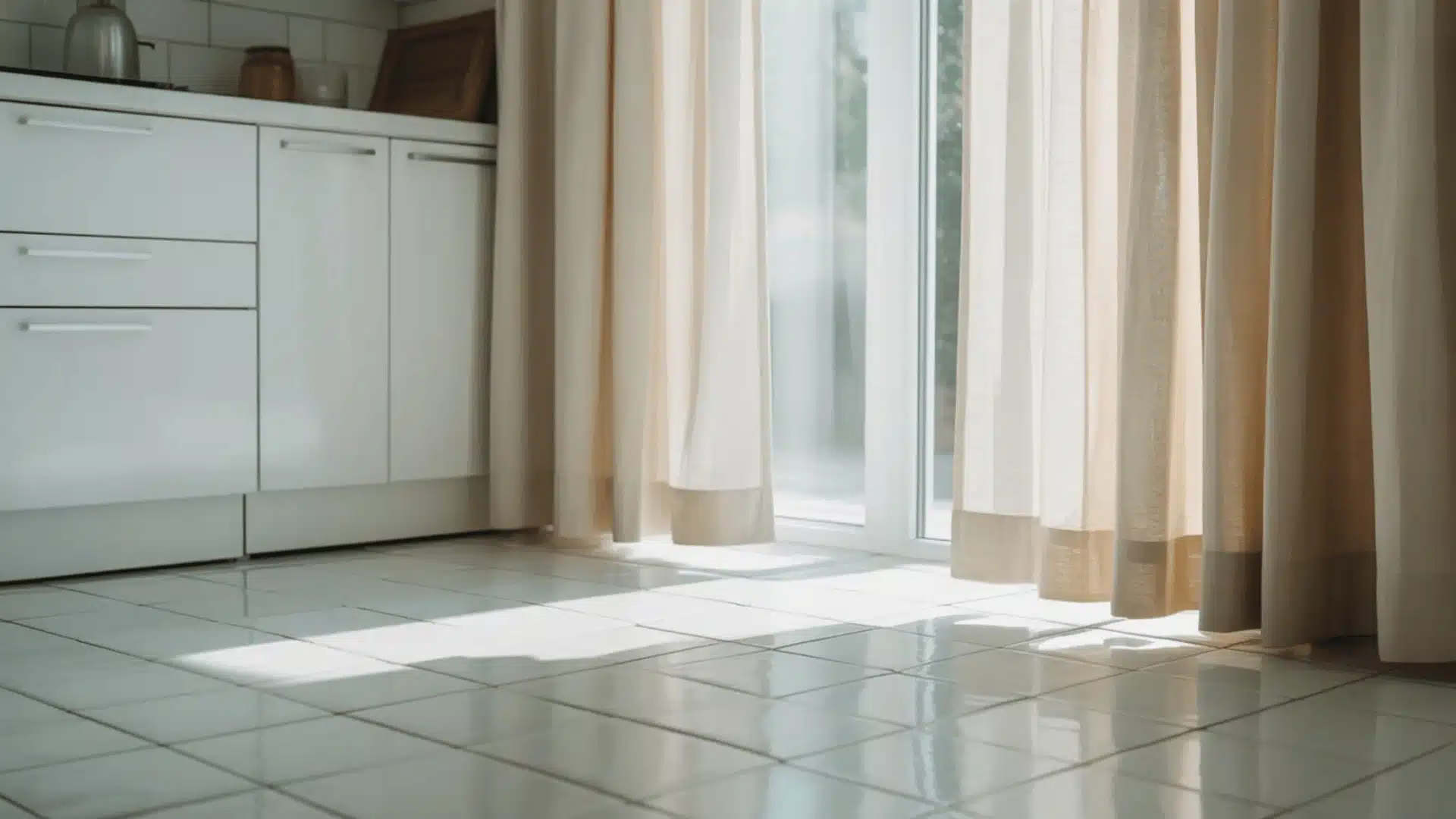 Light beige kitchen curtains hanging slightly above tiled floor with sunlight streaming through a glass door