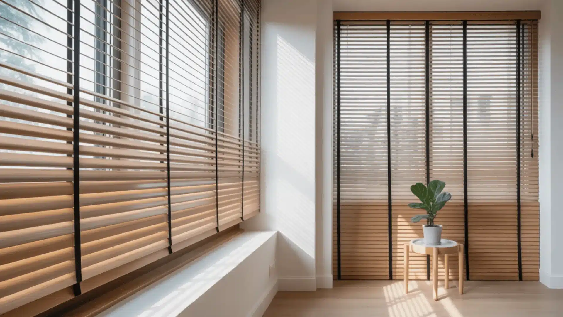 Light wood blinds on large windows casting soft shadows, minimal room with plant on small table
