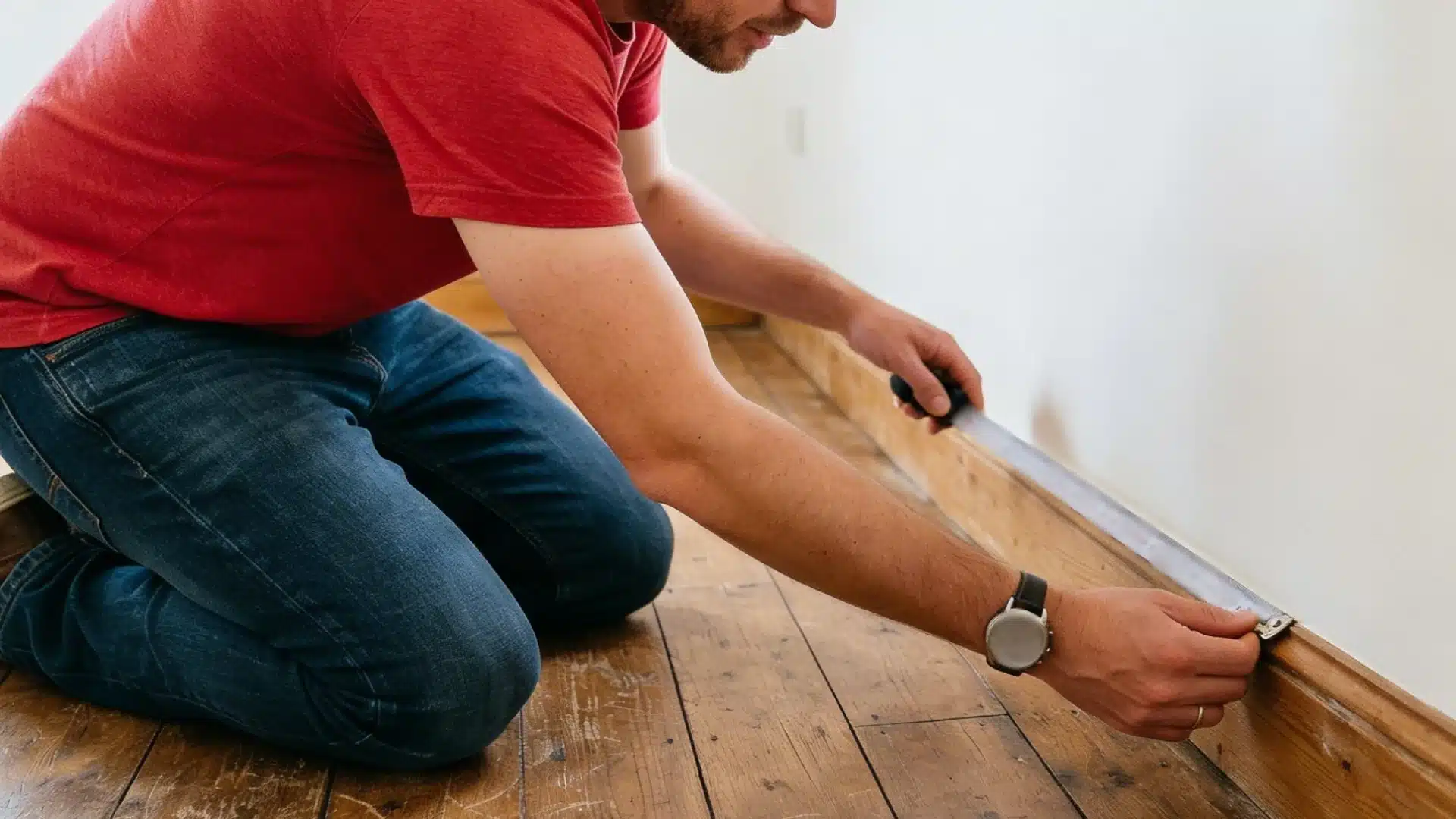Man in red shirt and jeans kneels on a wooden floor measuring a trim with a tape against a white wall