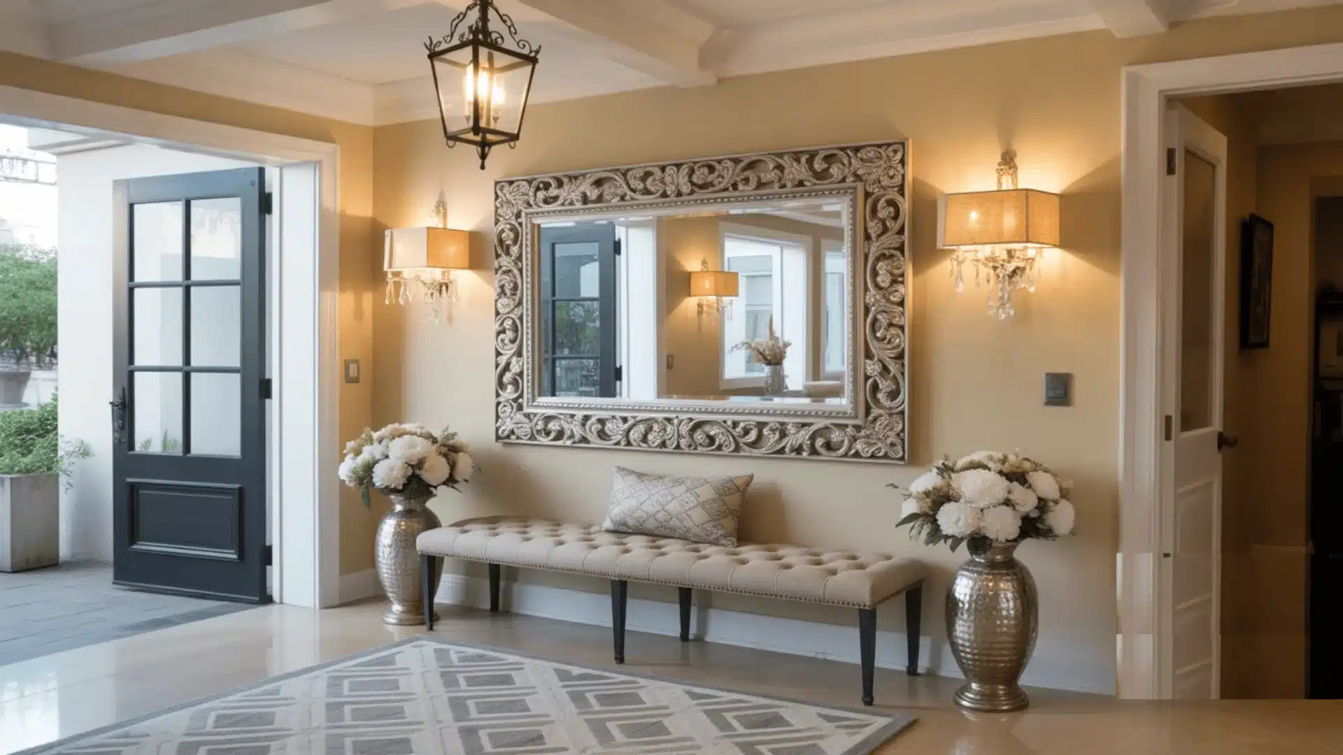 Mediterranean entryway corner with ornate mirror, bench seating, wall lights, and warm tones