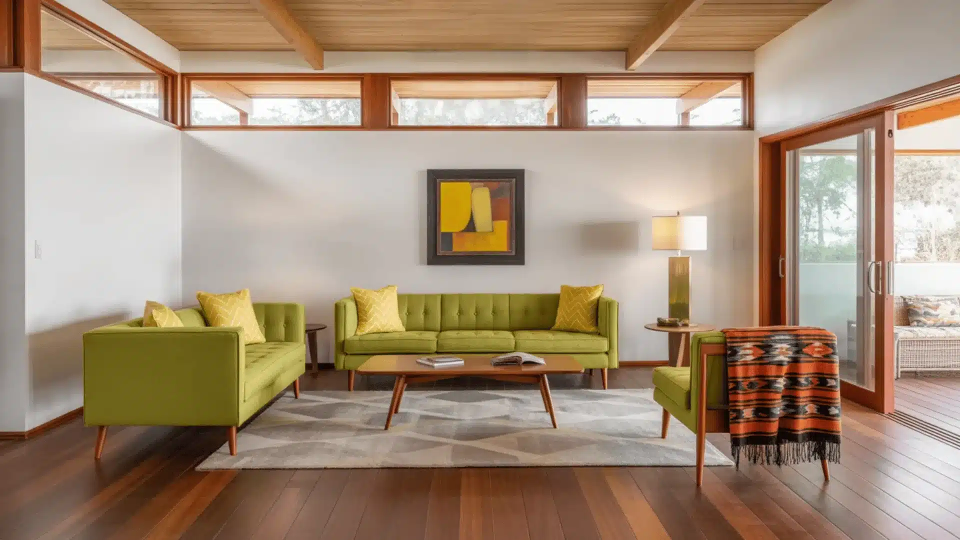 Mid-century living room with green sofas, wooden furniture, warm tones, and clean lines