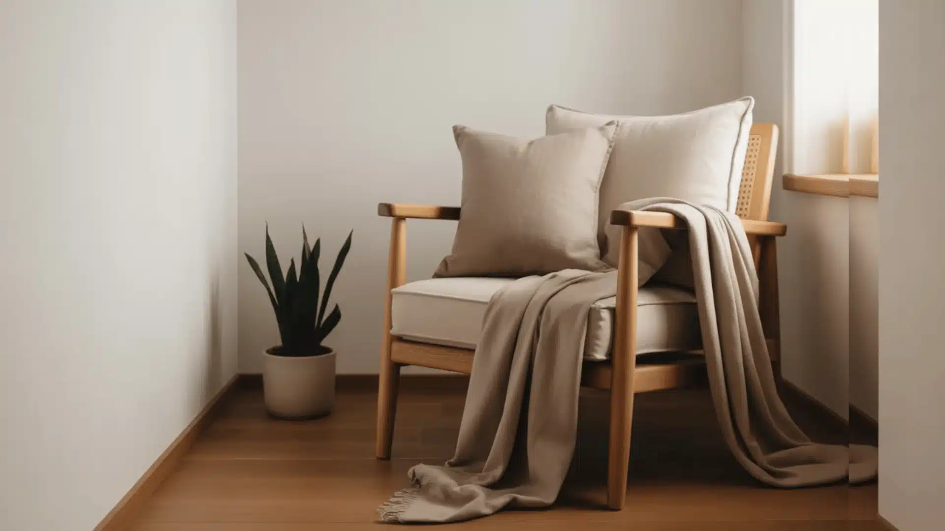 Minimal corner with wooden chair, beige cushions, soft throw, and small plant by wall