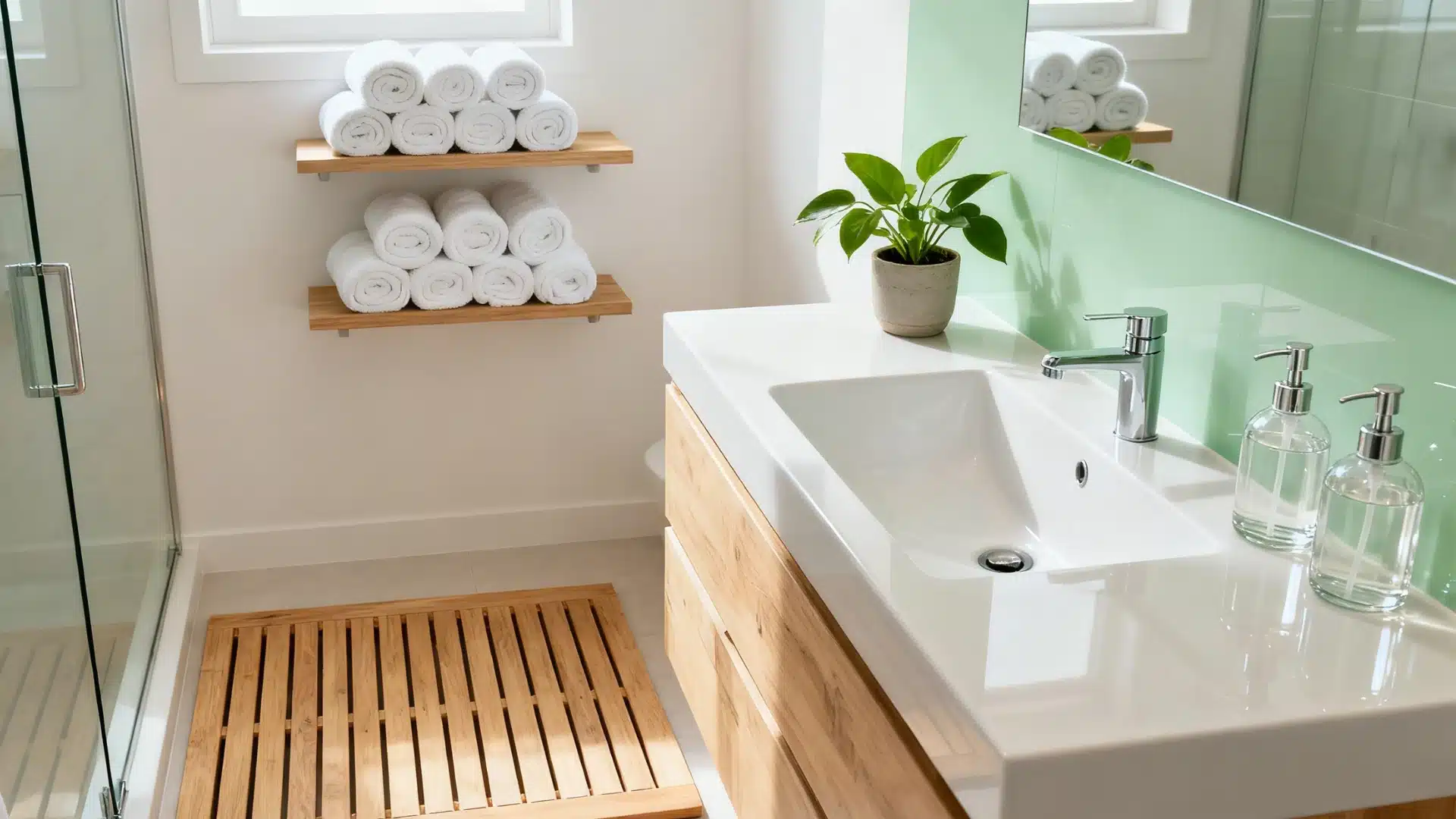 Modern bathroom interior featuring a sink vanity, floating wood shelves stocked with rolled white towels, and a wooden bath mat next to a glass shower