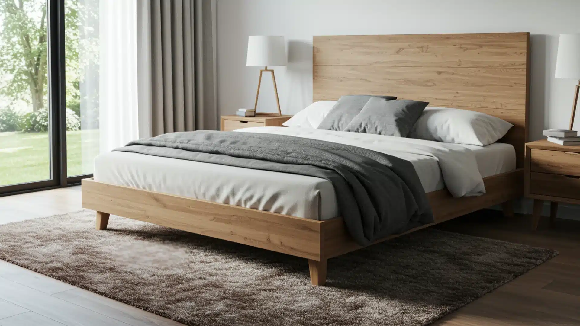 Modern bedroom featuring a wood bed, white and gray bedding, and a thick brown area rug next to floor-to-ceiling