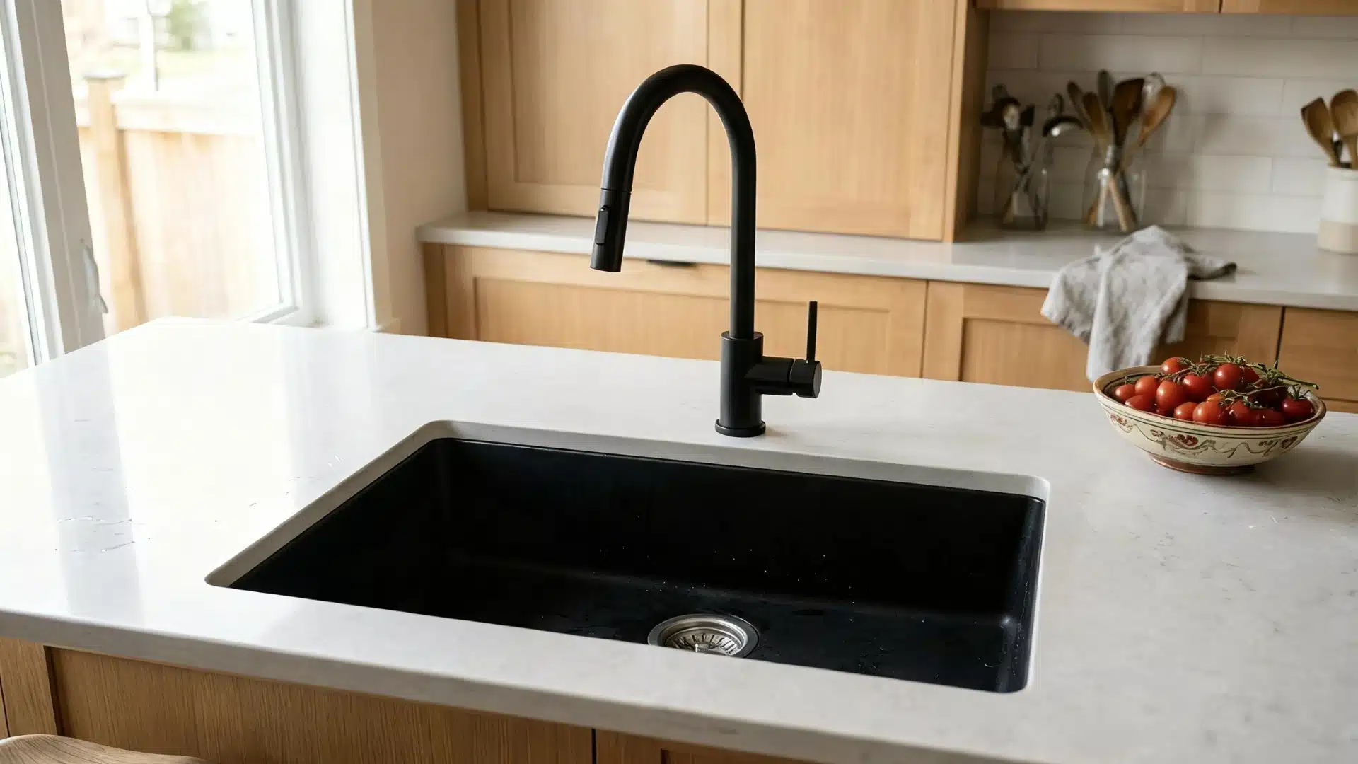 Modern kitchen with a matte black faucet and sink on a white marble island. A bowl of tomatoes adds a pop of color.