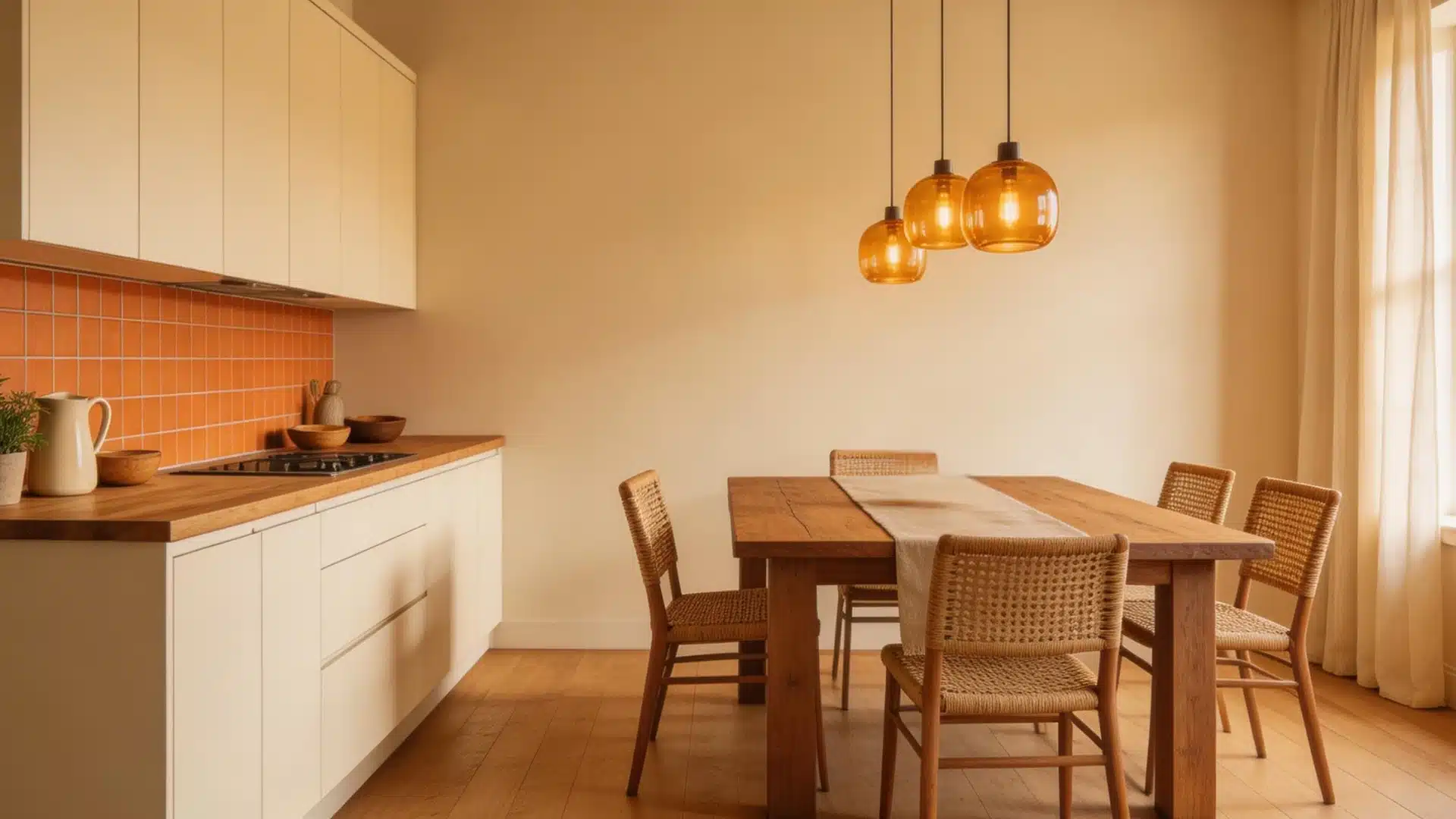 Modern kitchen with orange tile backsplash and wood dining table under three amber pendant lights in a warm cream room