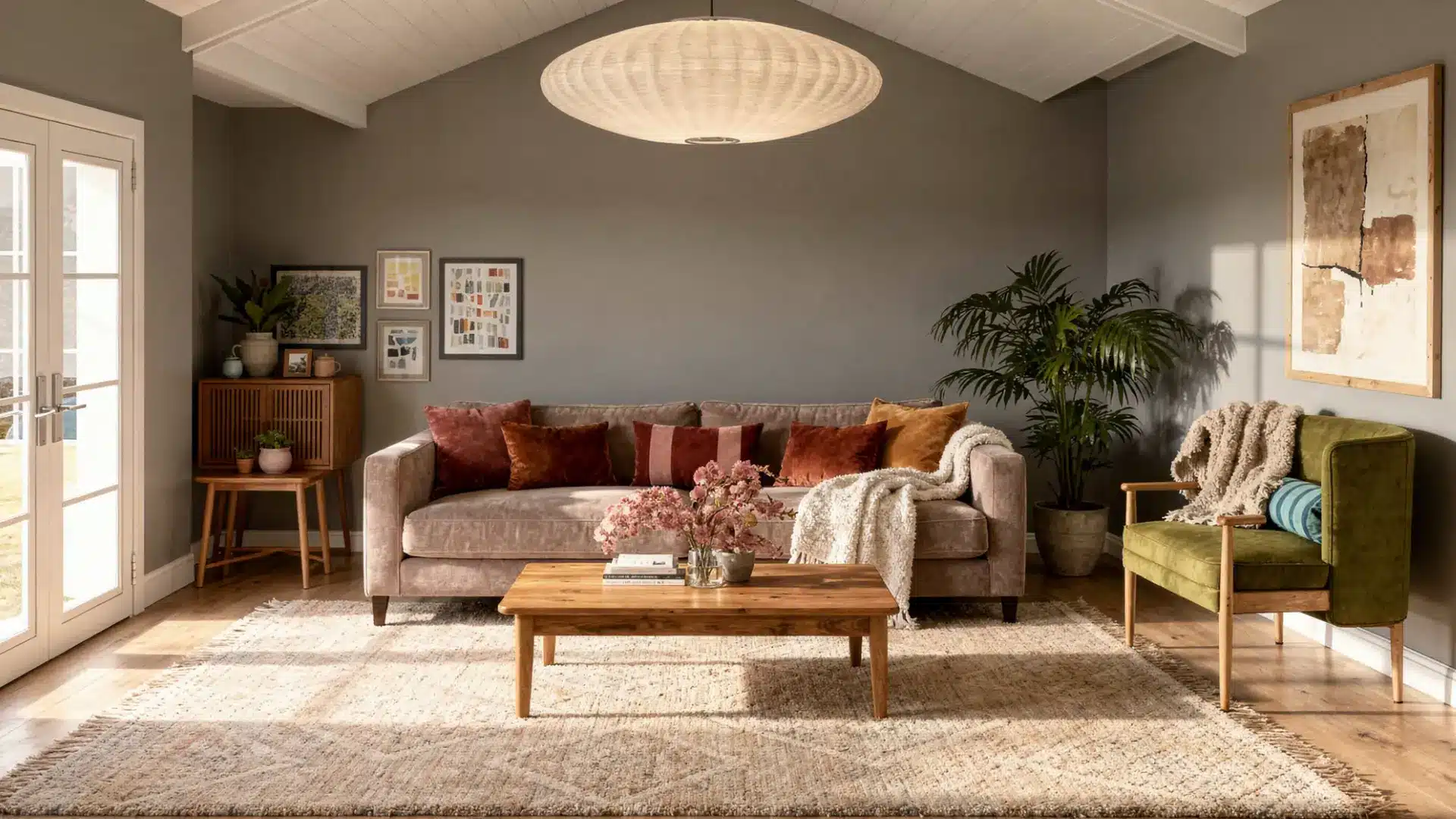 Modern living room with a tan sofa earthy pillows a wooden coffee table jute rug green armchair and large plant