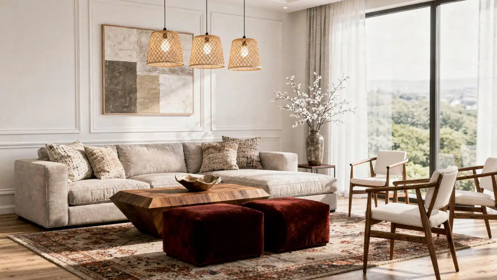 Modern living room with neutral sectional wood coffee table burgundy ottomans earth tone colors and woven pendant lights