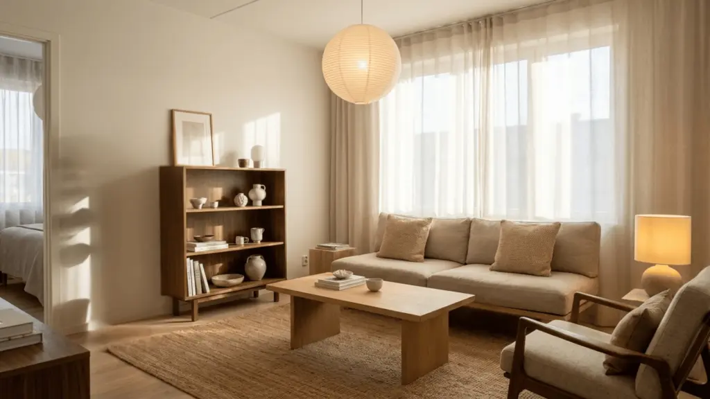 Modern small apartment living room with neutral tones, wooden furniture, indoor plants, soft lighting, and a clean, well-organized layout in natural daylight