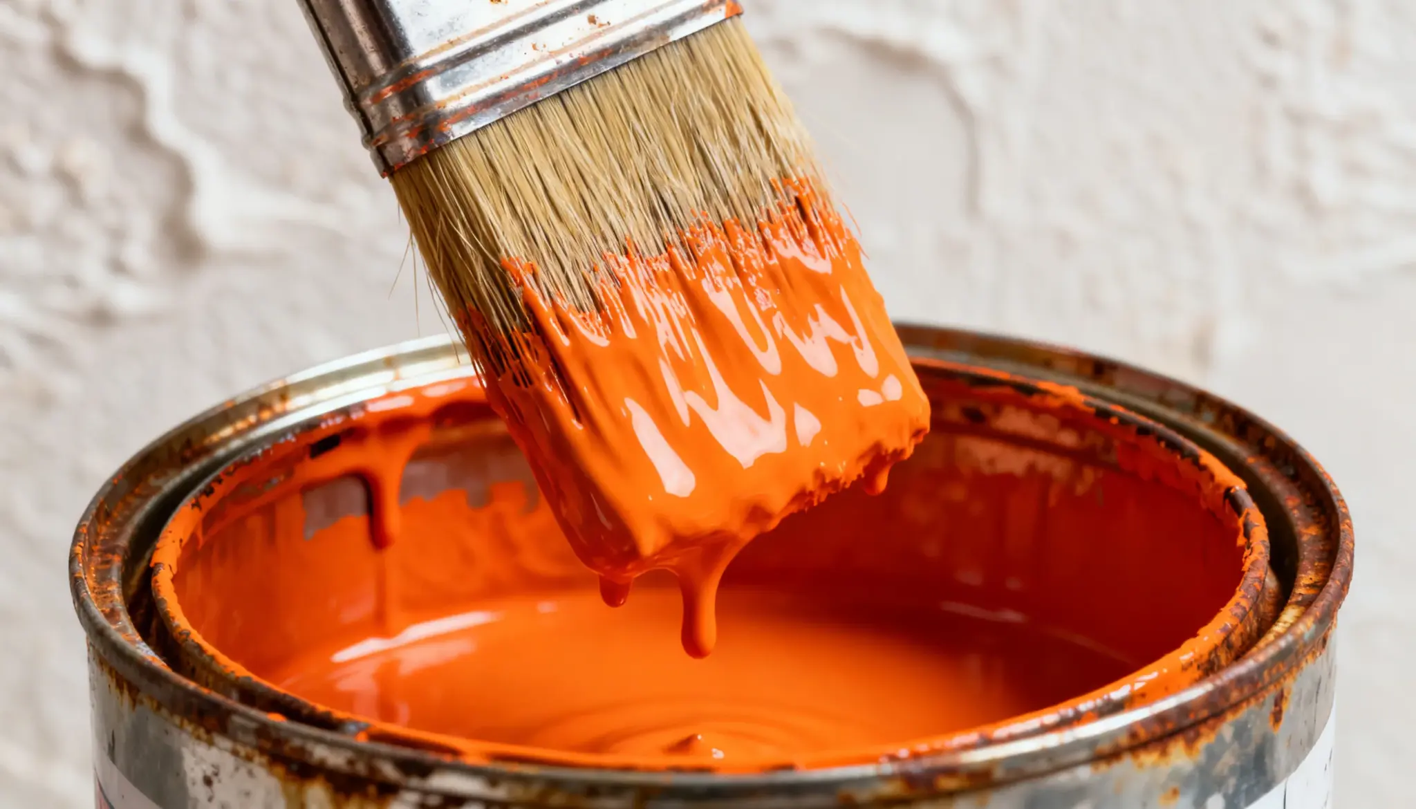 Paintbrush heavily loaded with bright orange paint dripping into an open, rusty paint can against a textured white background