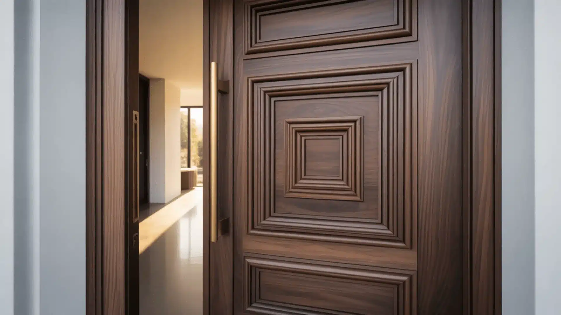 Partly open walnut front door with layered square panels and brass handle, showing a bright modern hall.