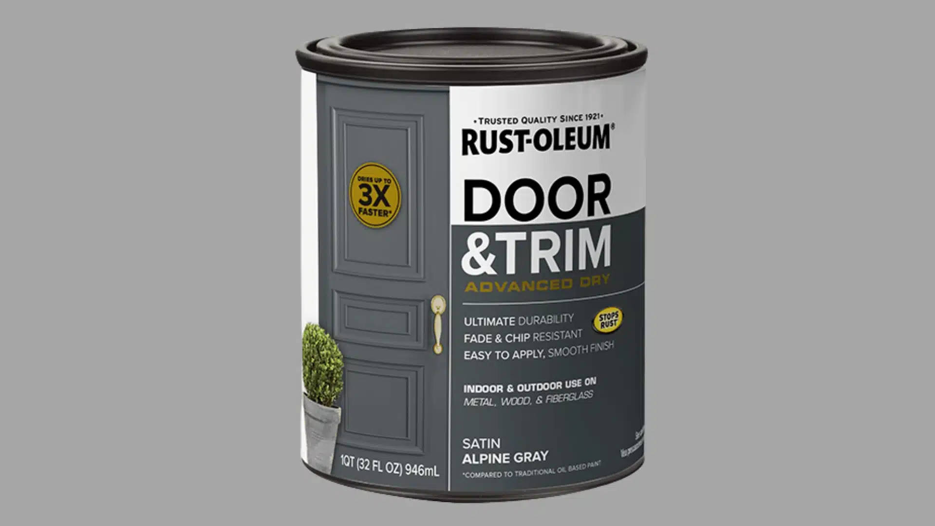 Rust-Oleum Door & Trim Paint can, featuring branding and color details for interior and exterior door applications