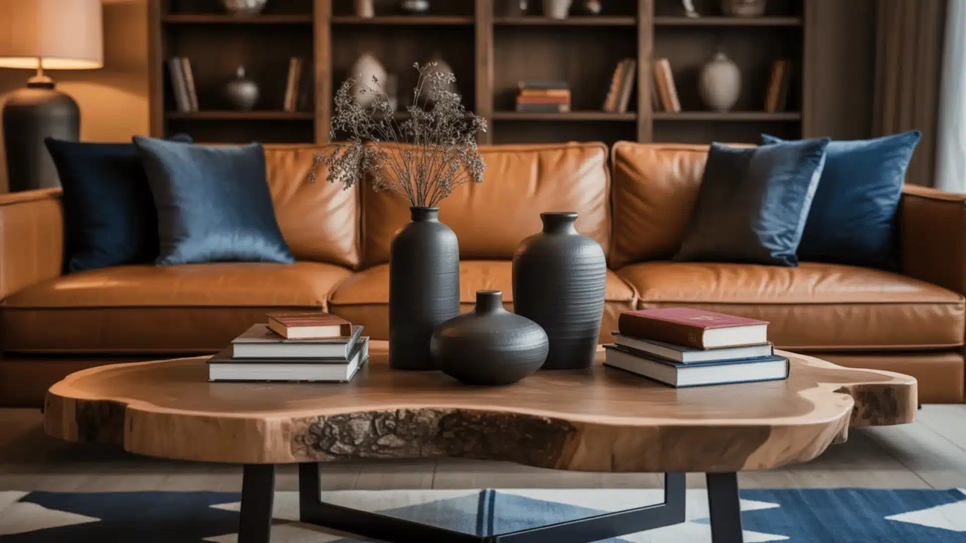 Rustic coffee table with wood slab, black vases, books, and leather sofa in warm tones