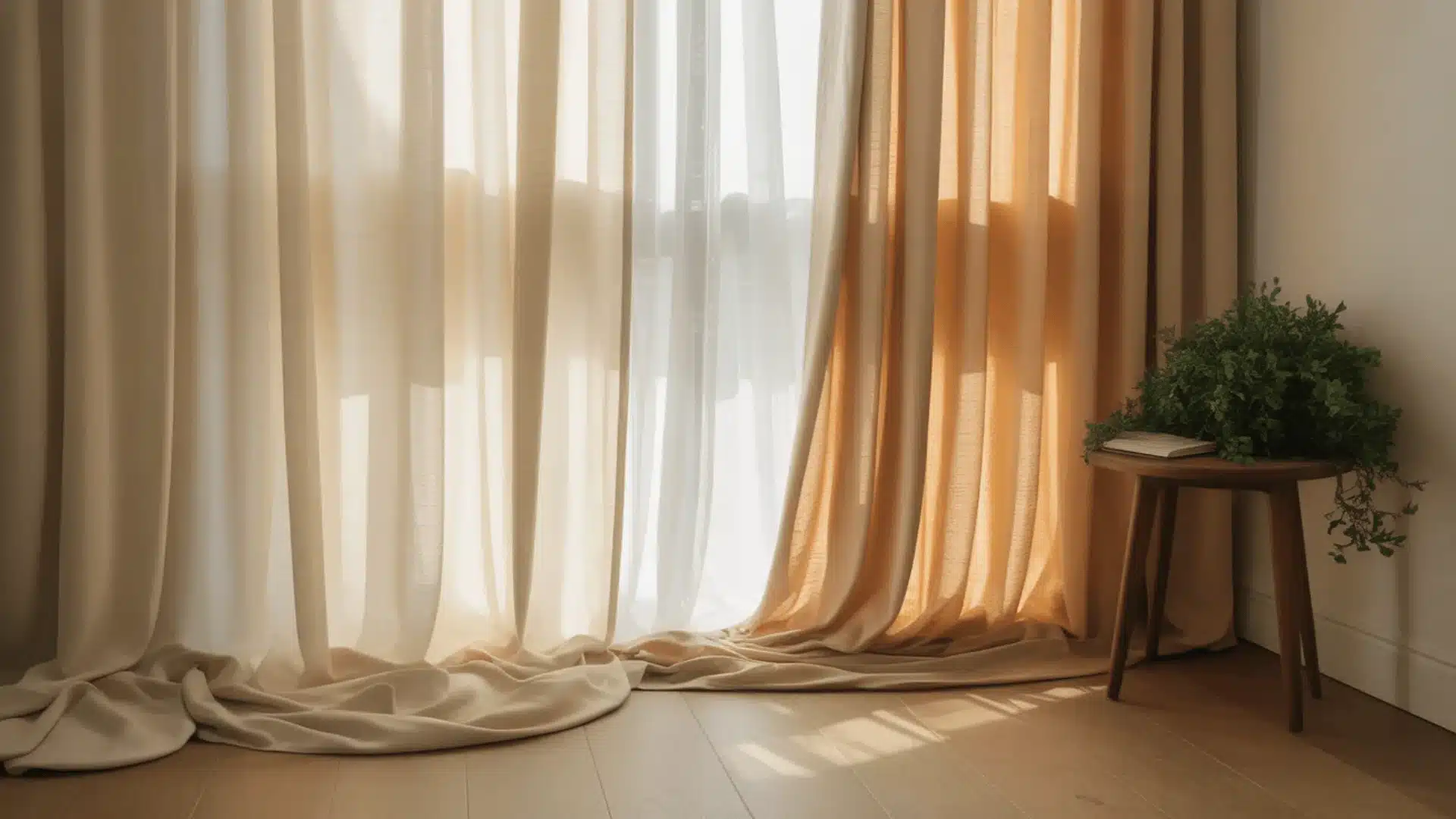 Sheer and beige curtains softly draped by window, warm sunlight, wooden floor, and small table with plant