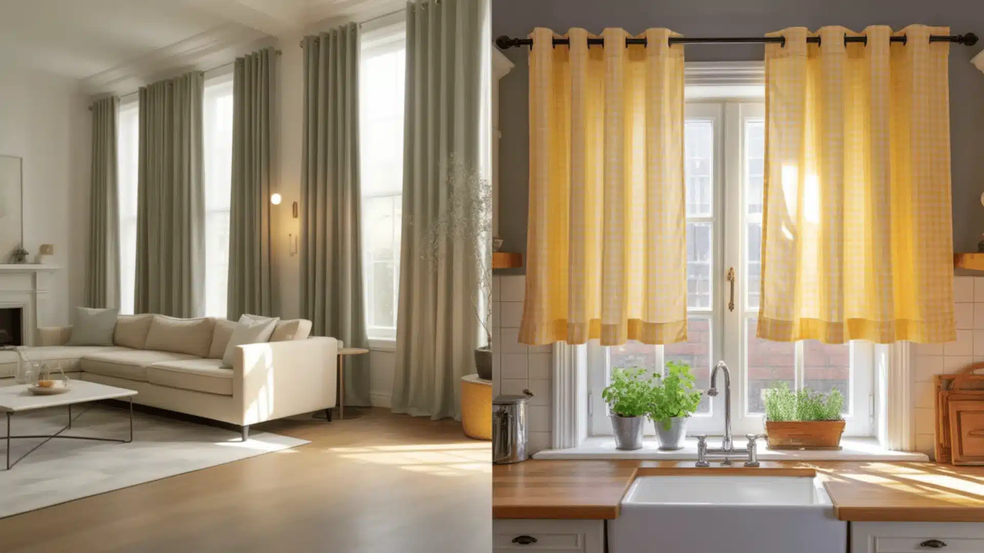 Short vs long curtains showing are curtains supposed to touch the floor or not in every room