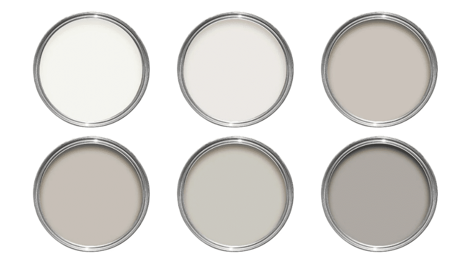 Six Sherwin Williams greige paint colors in round swatches, showing a range of warm and cool tones