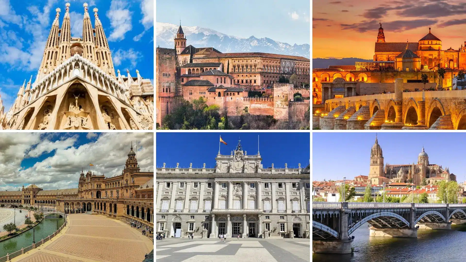 Six landmark photos show Spanish sites including the Sagrada Familia Alhambra and various historic bridges and palaces