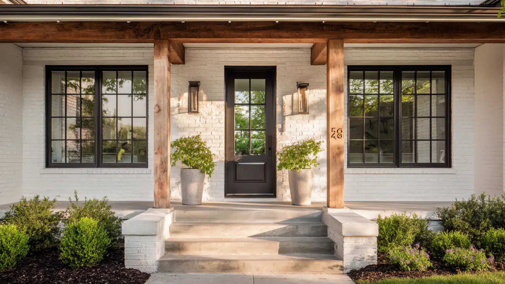Soft white brick house features large black windows a stone walkway and green hedges under a clear bright blue sky