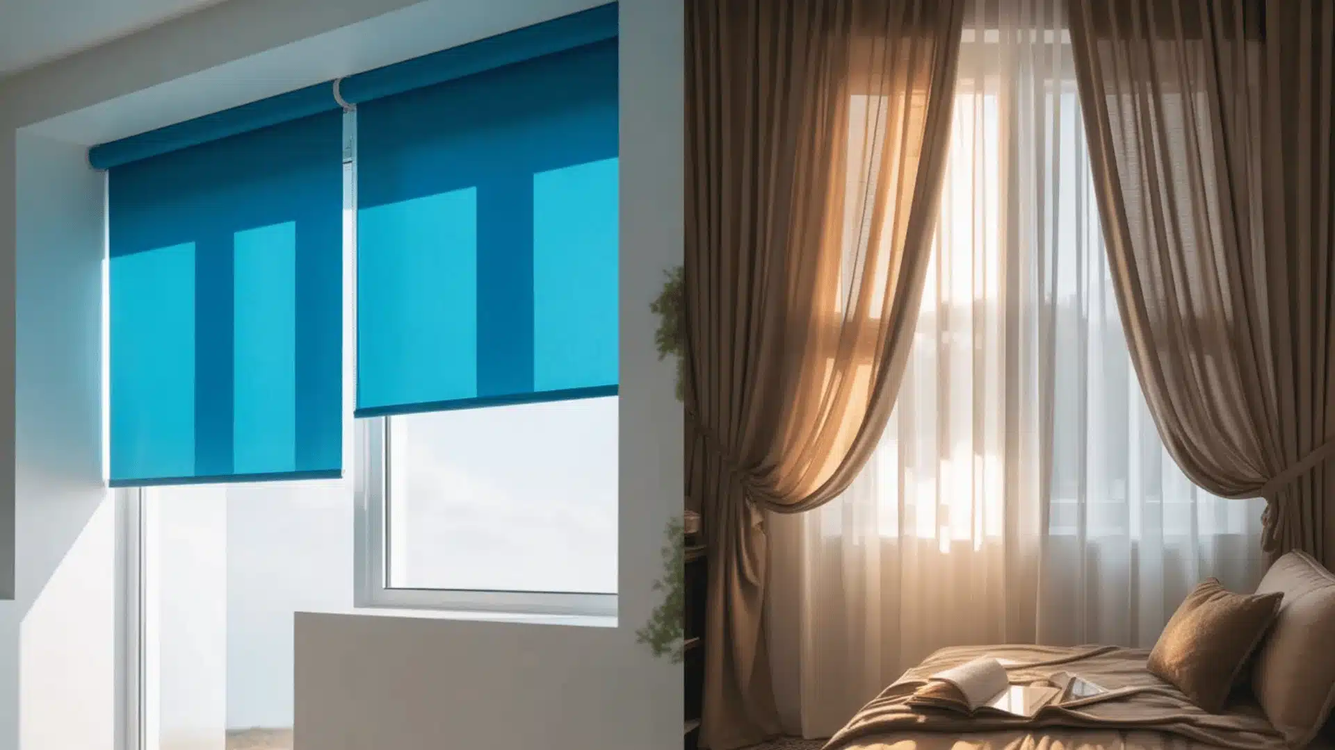 Split image of blue roller blinds on modern window and soft brown curtains with sheer layers in bedroom
