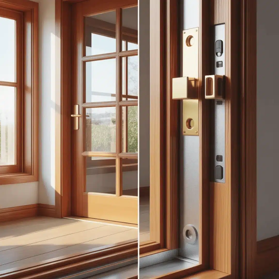 Split view of a wood framed glass door and close up lockset, showing latch, strike plate, and threshold.