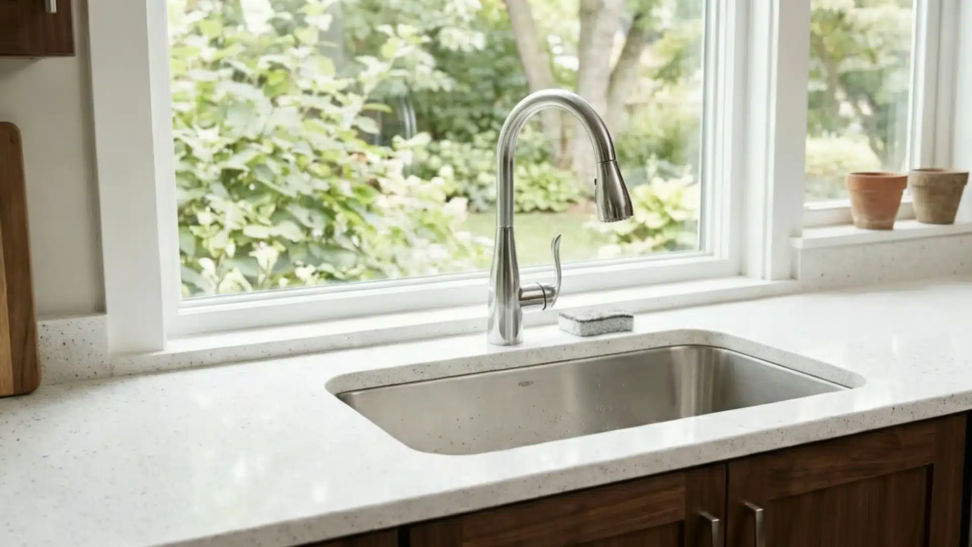 Stainless steel kitchen sink set into a white speckled countertop beneath a window overlooking lush green foliage with a silver faucet visible