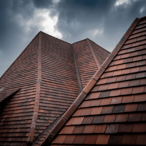 Steep Tudor roof with clay tiles and multiple gables under a cloudy sky, low angle view