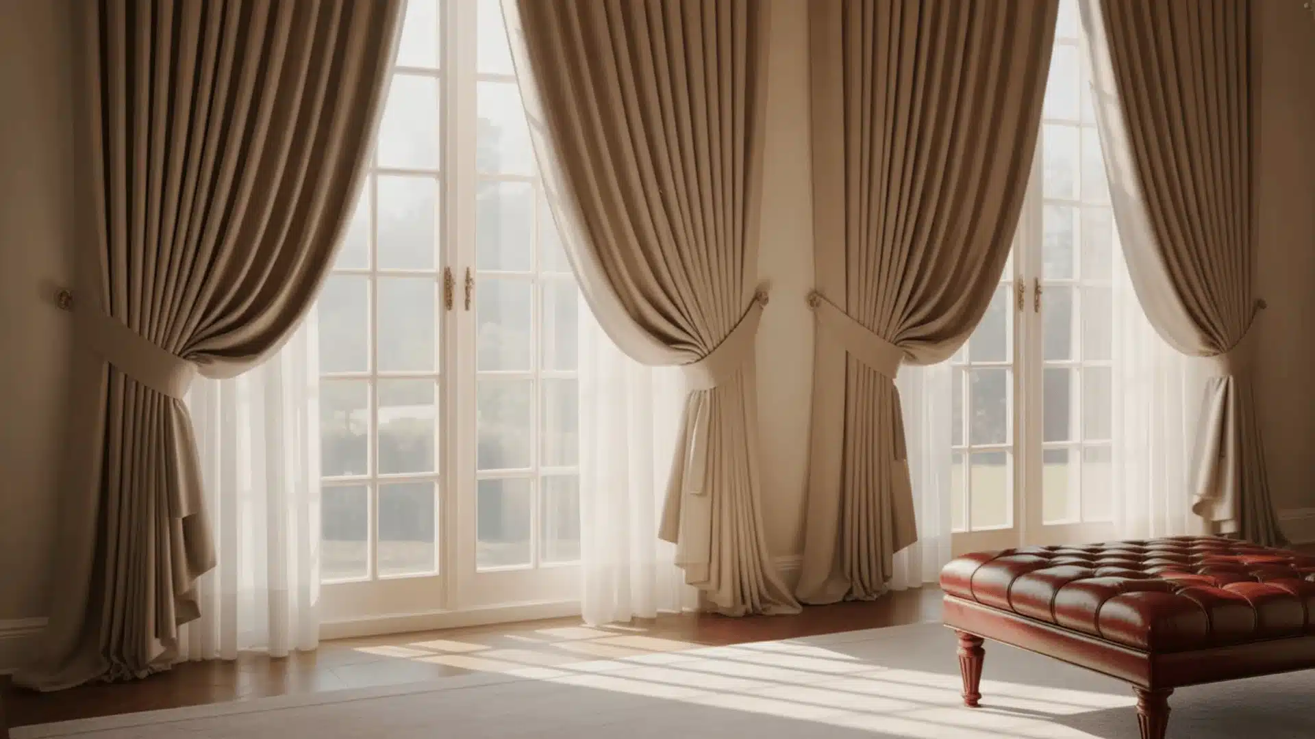 Tall beige curtains with sheer curtains over French windows, sunlight, and a red leather bench indoors