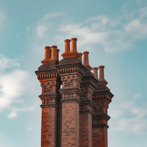 Tall decorative Tudor brick chimneys with ornate details and chimney pots against a clear sky