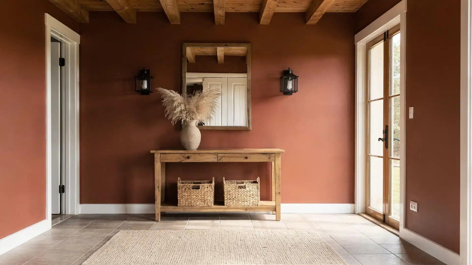 Terracotta entryway with a wooden console table baskets a mirror and black lanterns under exposed ceiling beams and rug 