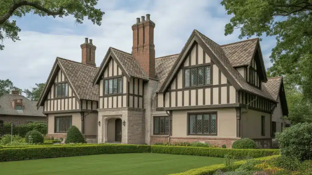 Tudor Revival house with steep gables, timber framing, tall chimneys, and manicured lawn