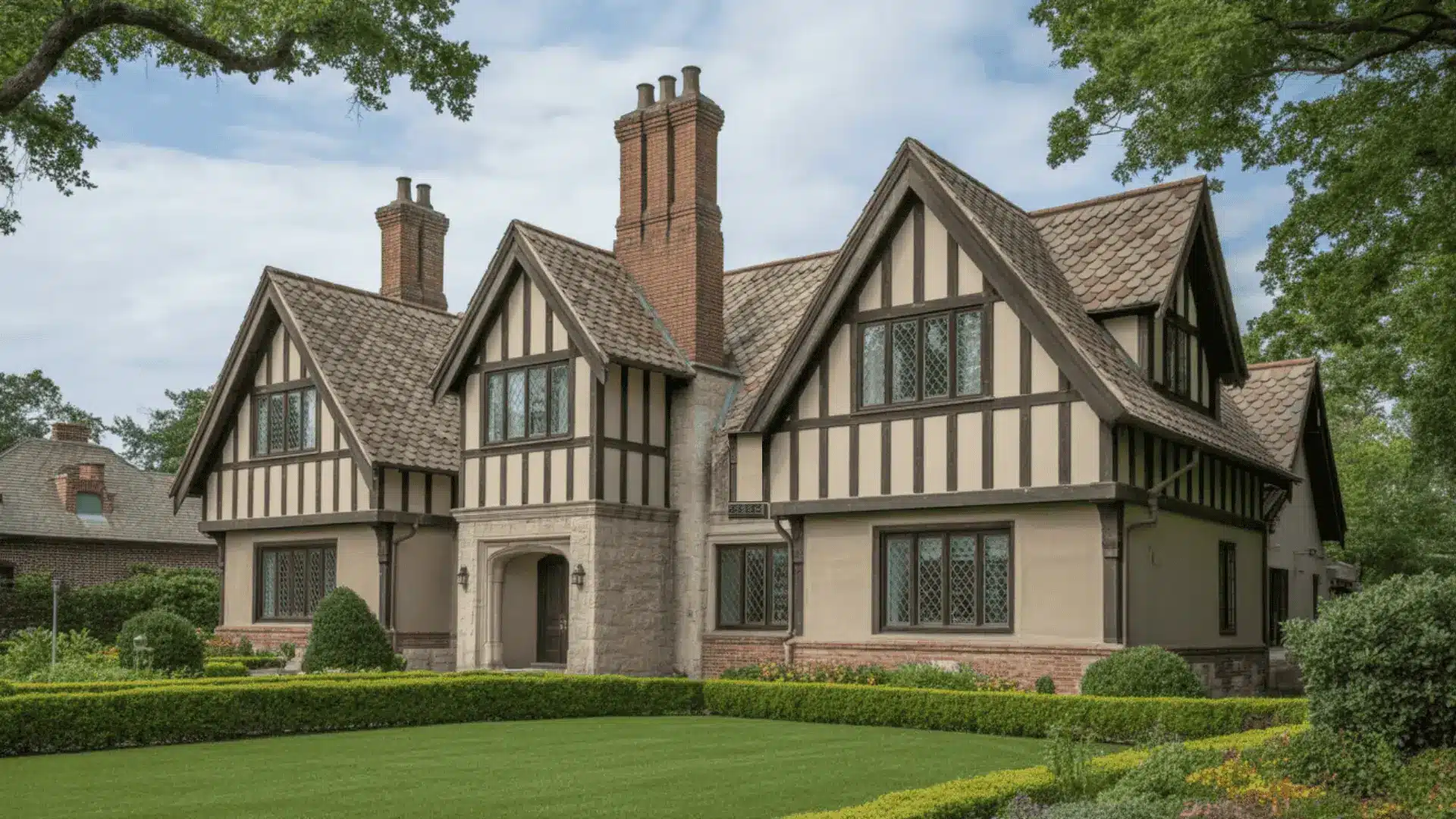 Tudor Revival house with steep gables, timber framing, tall chimneys, and manicured lawn
