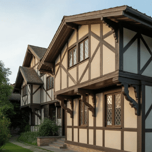 Tudor Revival house with timber framing, overhanging upper floors, and leaded glass windows