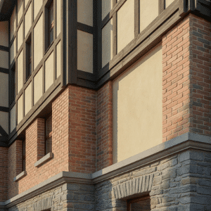 Tudor facade with brick base, stone lower wall, and timber framed upper level in warm light
