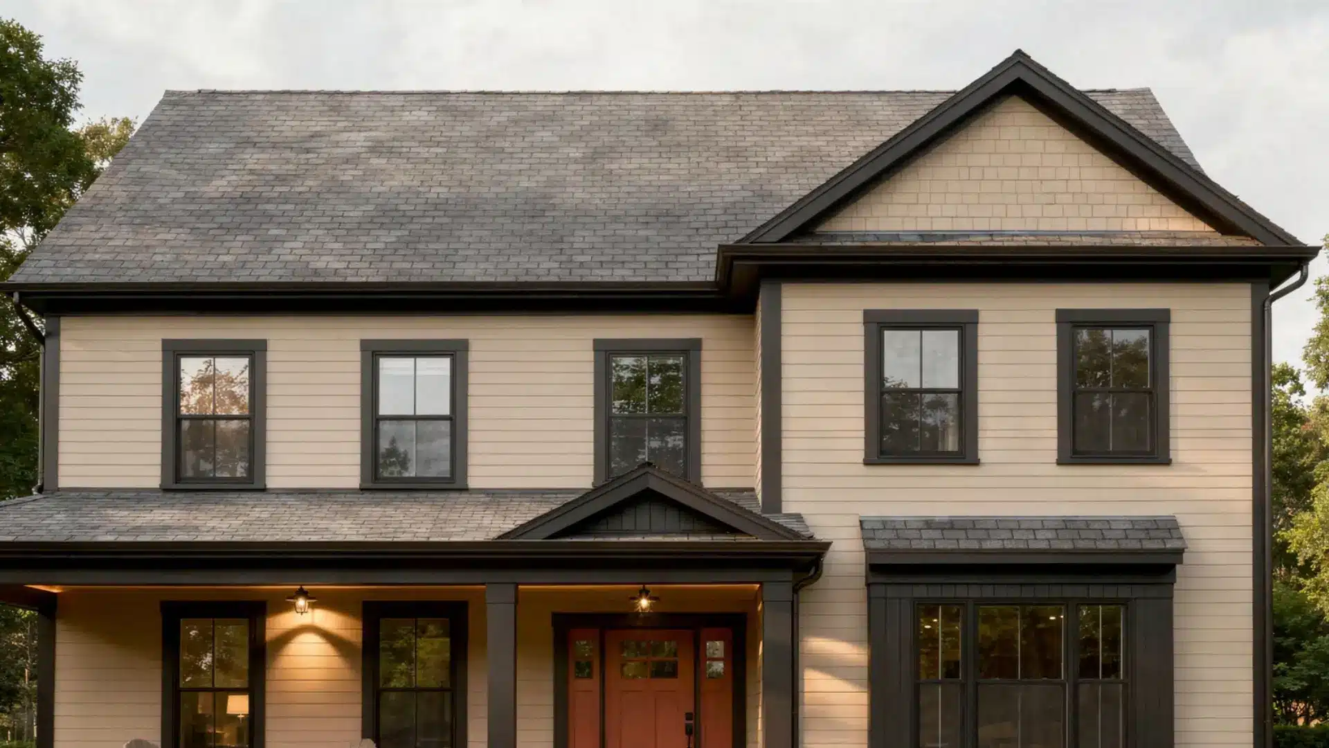 Two story tan house with black trim a front porch gray chairs a red front door and a stone path leading through the lawn