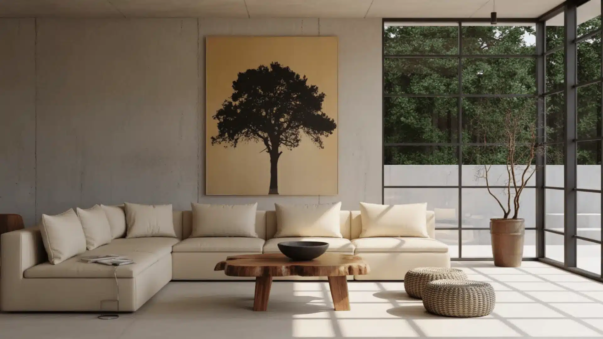 Wabi sabi living corner with neutral sofa, raw wood table, simple decor, and natural light