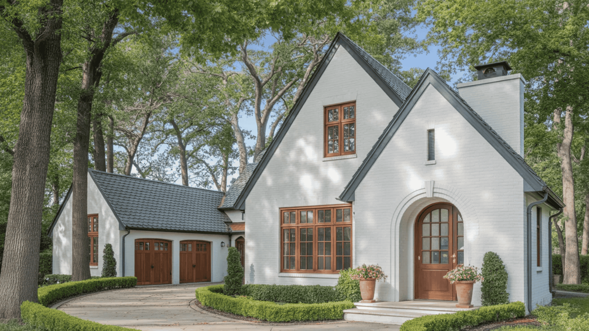 White Tudor-style house with steep gables, arched door, wood windows, and curved driveway