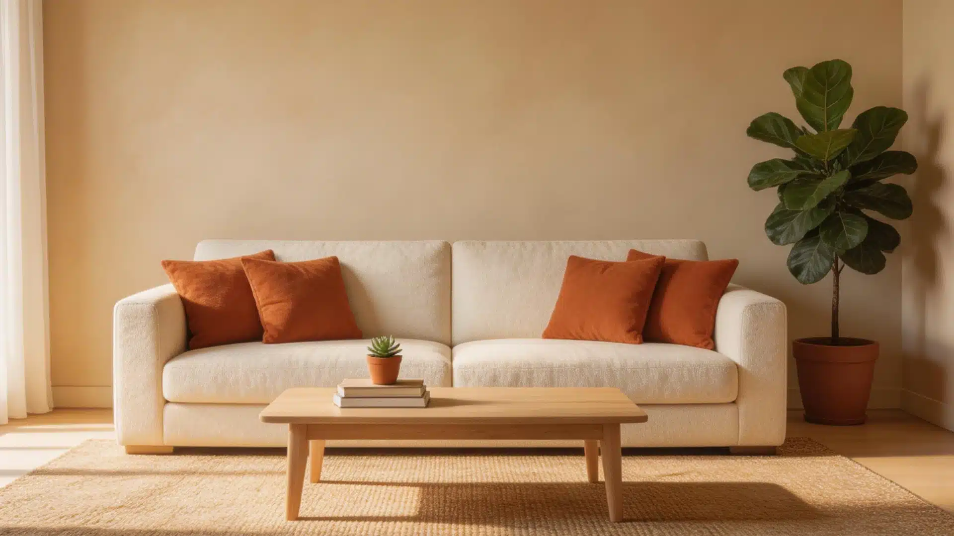 White sofa with orange pillows and wooden table on a jute rug near a tall plant for a warm minimal living room interior